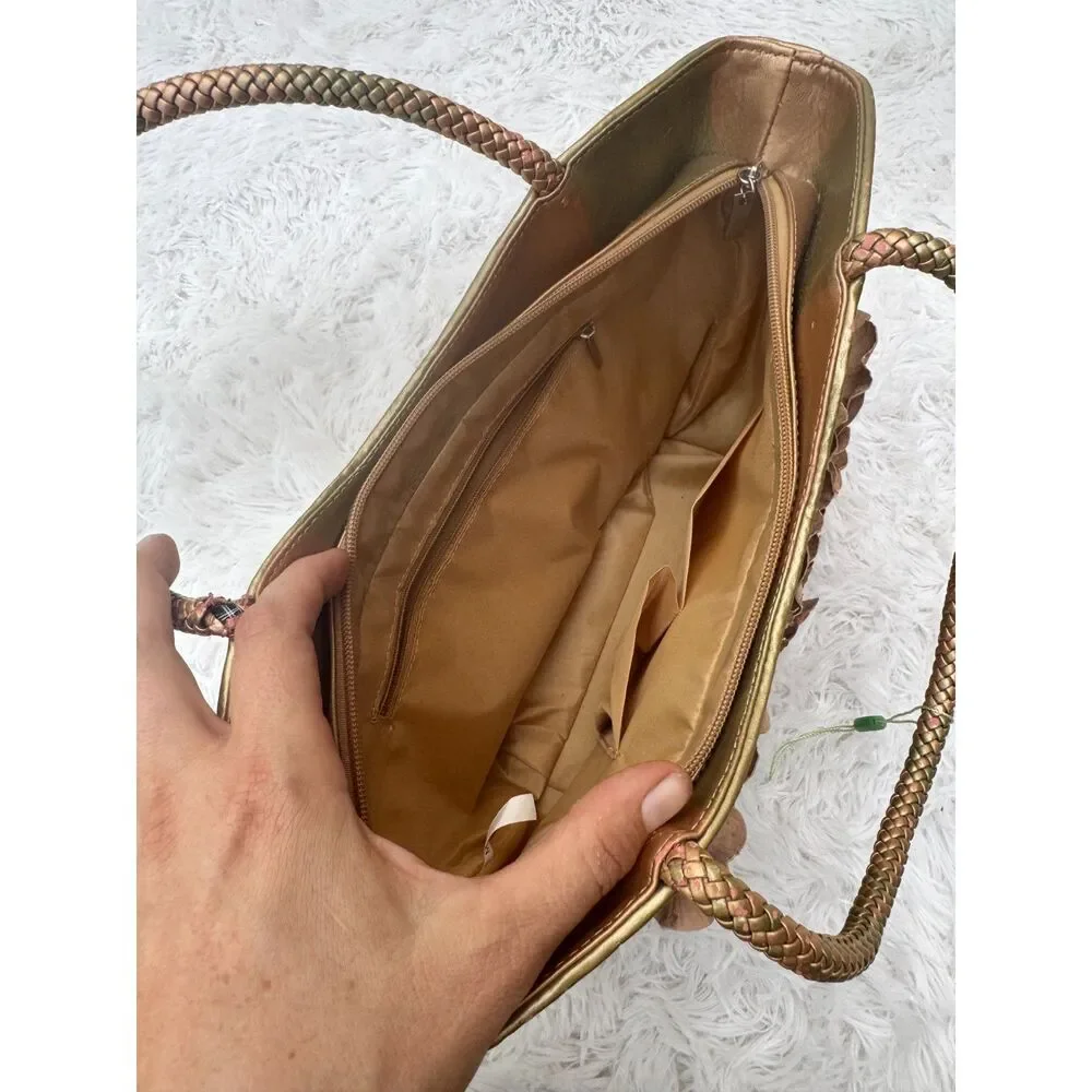 Cabouchon Woven Metallic Gold Leather Tote with Oversized Flower Applique